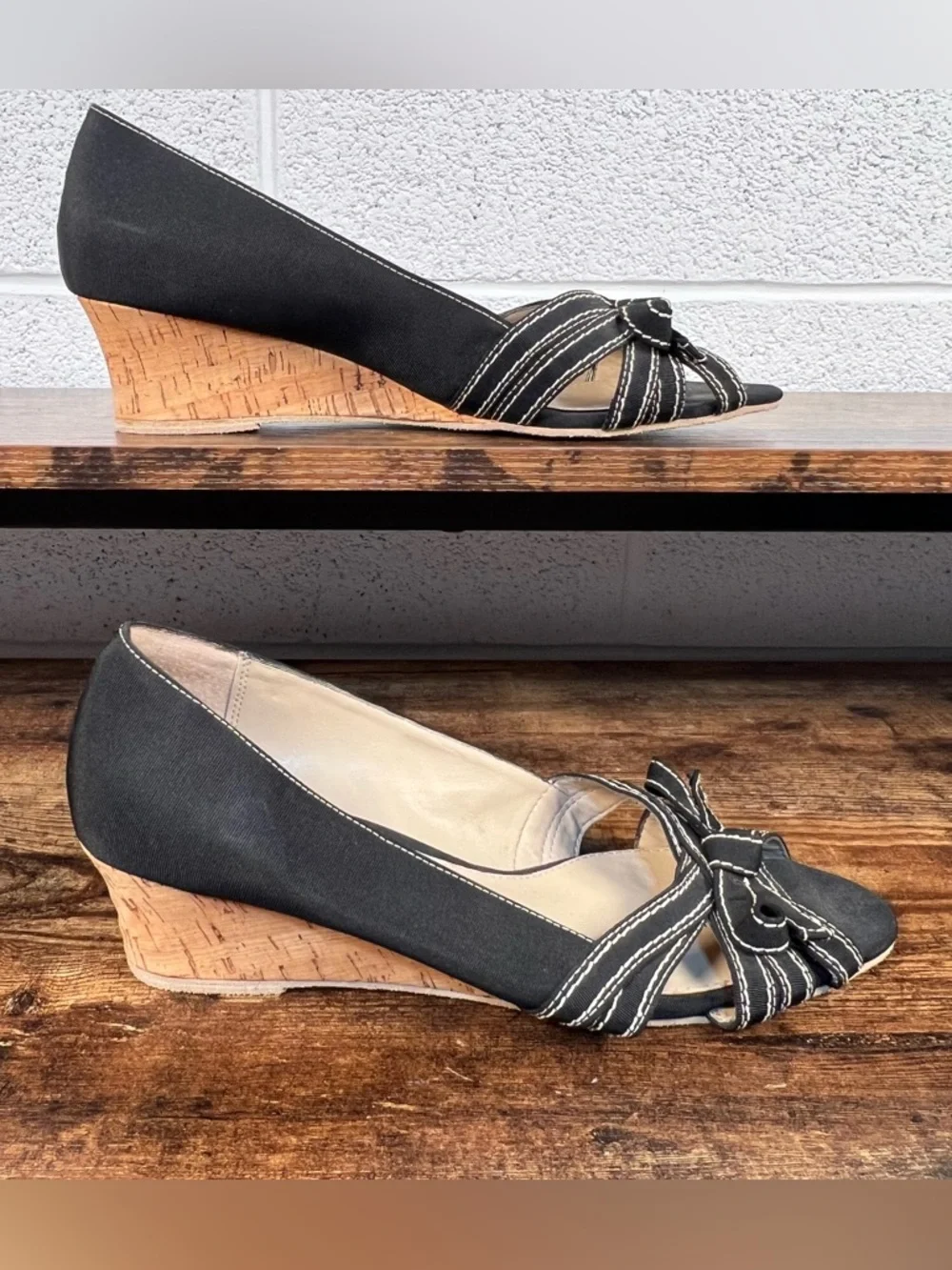 Liz Claiborne Melody‎ Cork Wedge Heel Open Bow Toe Sandals Black Women's 9.5